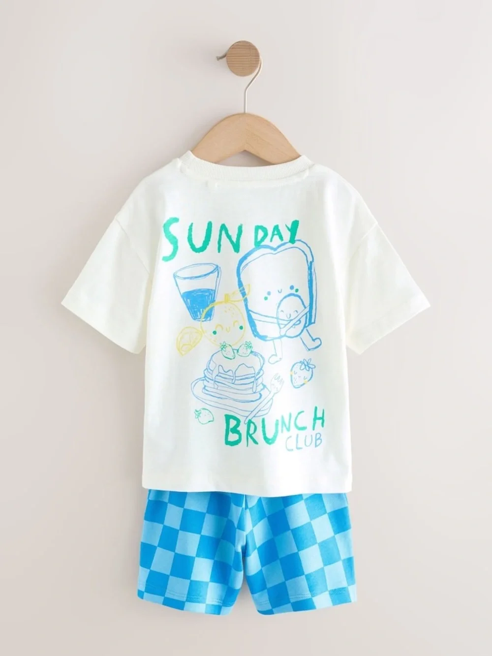 Next • NWT Kids 'Sunday Brunch Club' Tee & Checker Shorts - White & Bright Blue - Picture 2 of 2